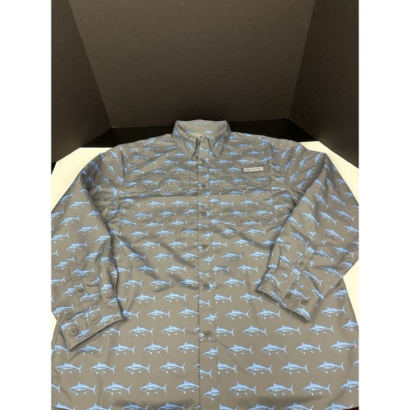 RealTree Fishing Shirt Mens‎ L Grey Blue Tuna Fish AOP Print Vented Long Sleeve - Picture 1 of 7